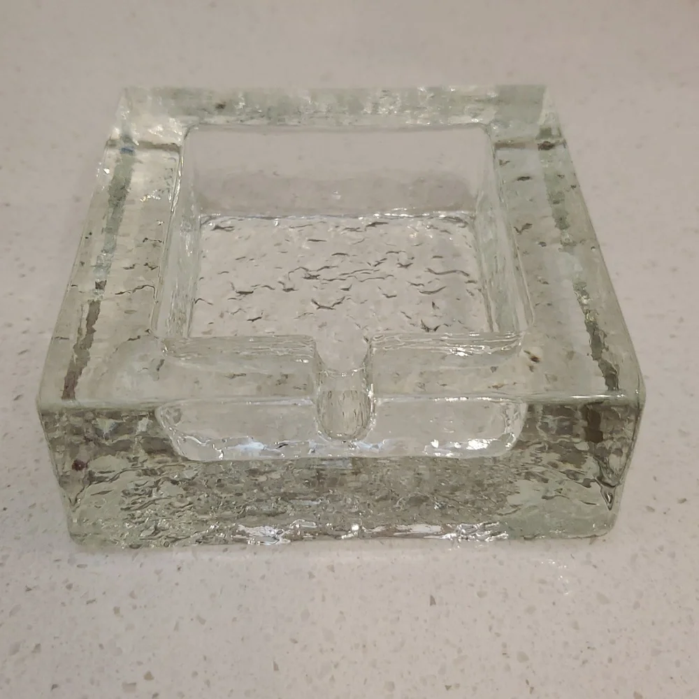 Crate & Barrel Square Textured Art Glass Ashtray MCM Style